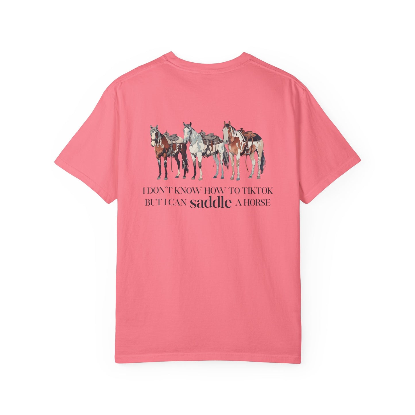 Circle R Arena “I Don’t Know How to TikTok But I Can Saddle a Horse” Graphic Tee – Western Rider T-Shirt with Logo Pocket Design