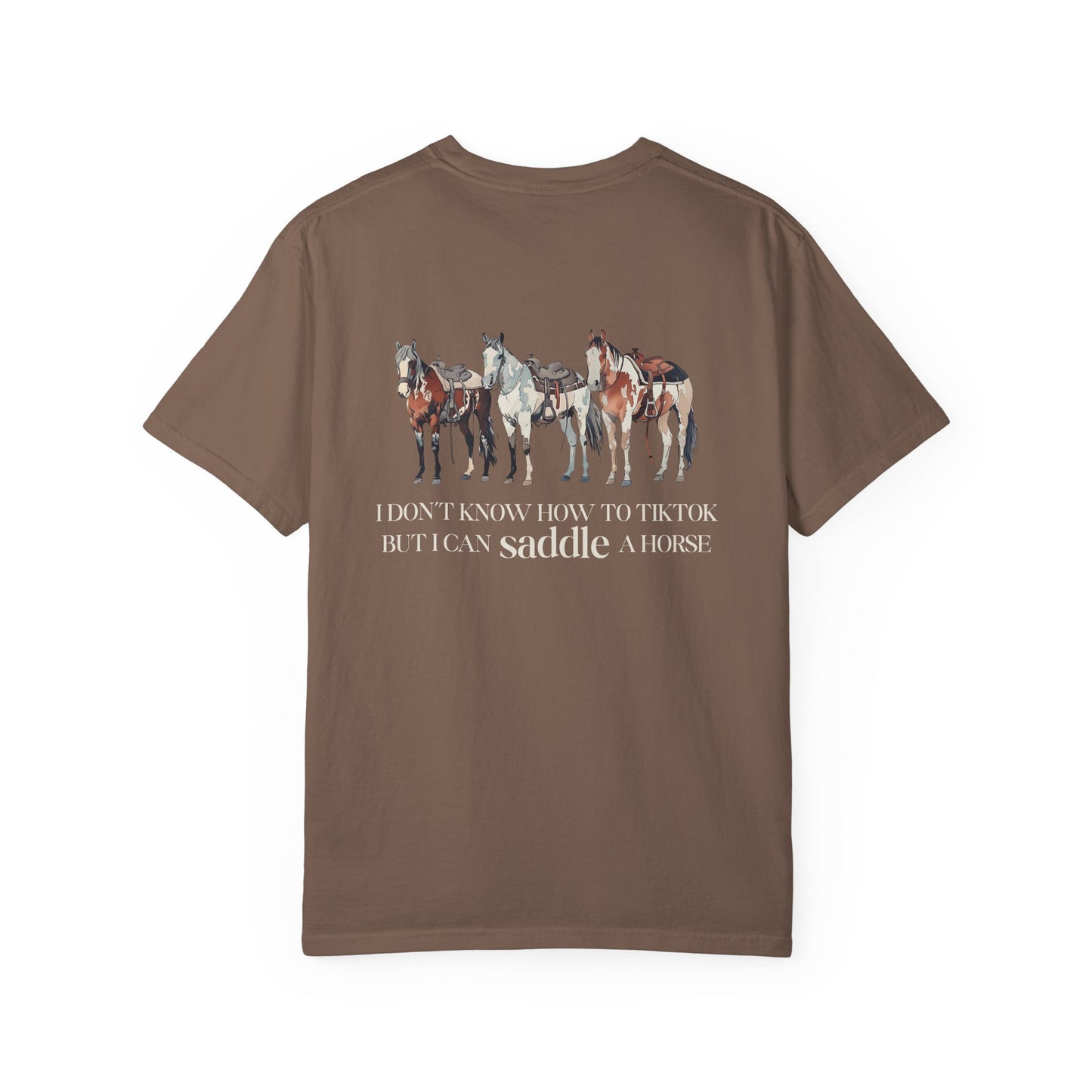 Circle R Arena “I Don’t Know How to TikTok But I Can Saddle a Horse” Graphic Tee – Western Rider T-Shirt with Logo Pocket Design