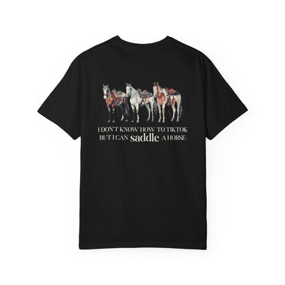 Circle R Arena “I Don’t Know How to TikTok But I Can Saddle a Horse” Graphic Tee – Western Rider T-Shirt with Logo Pocket Design