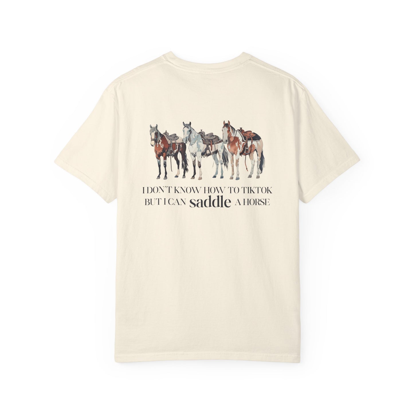 Circle R Arena “I Don’t Know How to TikTok But I Can Saddle a Horse” Graphic Tee – Western Rider T-Shirt with Logo Pocket Design