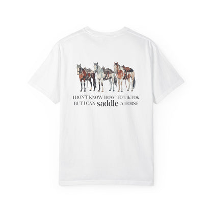 Circle R Arena “I Don’t Know How to TikTok But I Can Saddle a Horse” Graphic Tee – Western Rider T-Shirt with Logo Pocket Design