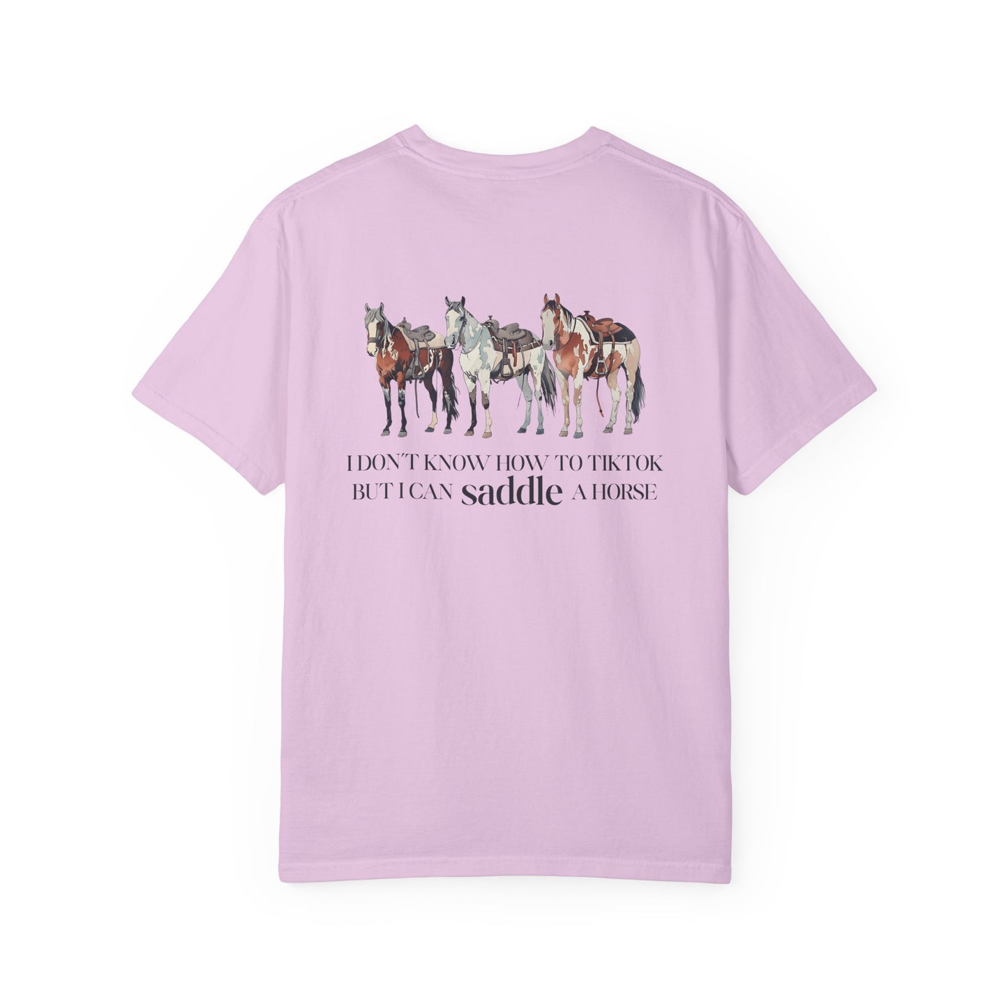Circle R Arena “I Don’t Know How to TikTok But I Can Saddle a Horse” Graphic Tee – Western Rider T-Shirt with Logo Pocket Design