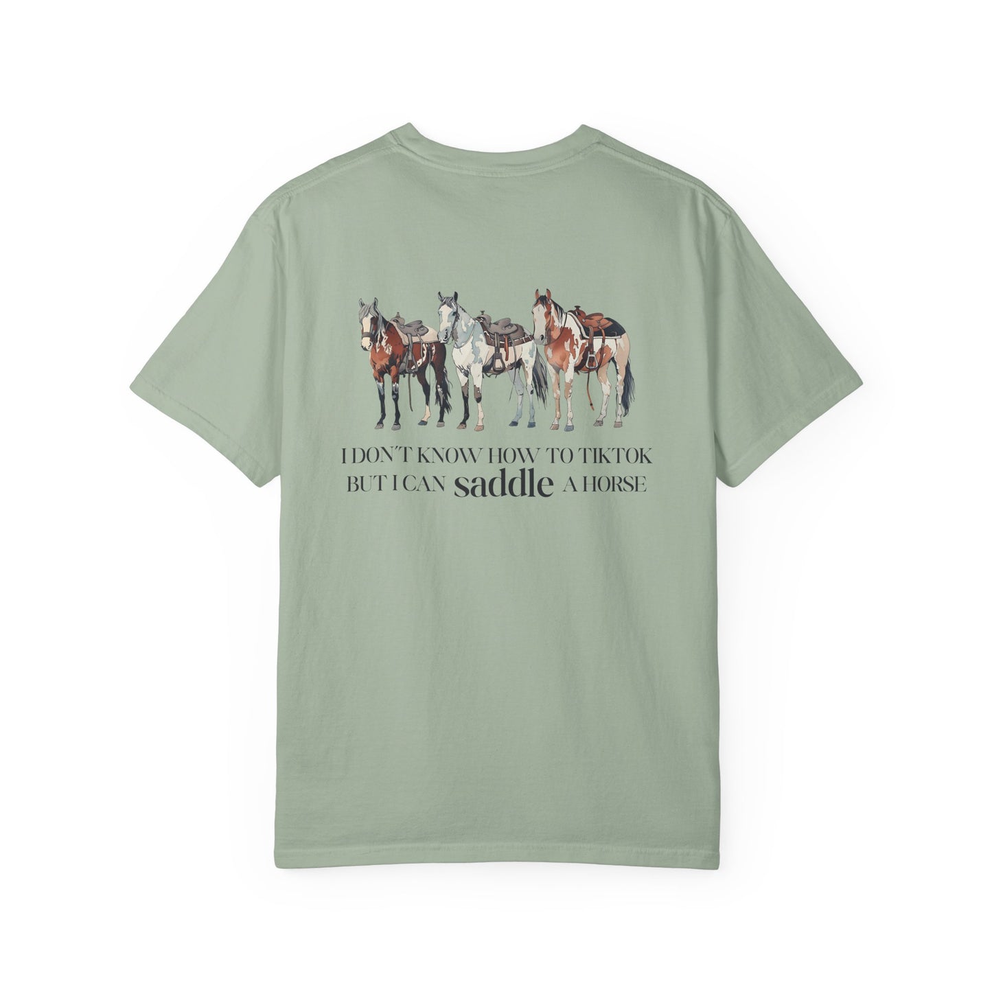 Circle R Arena “I Don’t Know How to TikTok But I Can Saddle a Horse” Graphic Tee – Western Rider T-Shirt with Logo Pocket Design