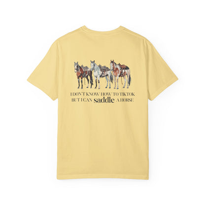 Circle R Arena “I Don’t Know How to TikTok But I Can Saddle a Horse” Graphic Tee – Western Rider T-Shirt with Logo Pocket Design