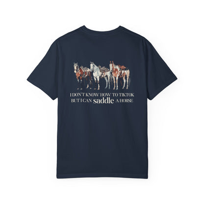 Circle R Arena “I Don’t Know How to TikTok But I Can Saddle a Horse” Graphic Tee – Western Rider T-Shirt with Logo Pocket Design
