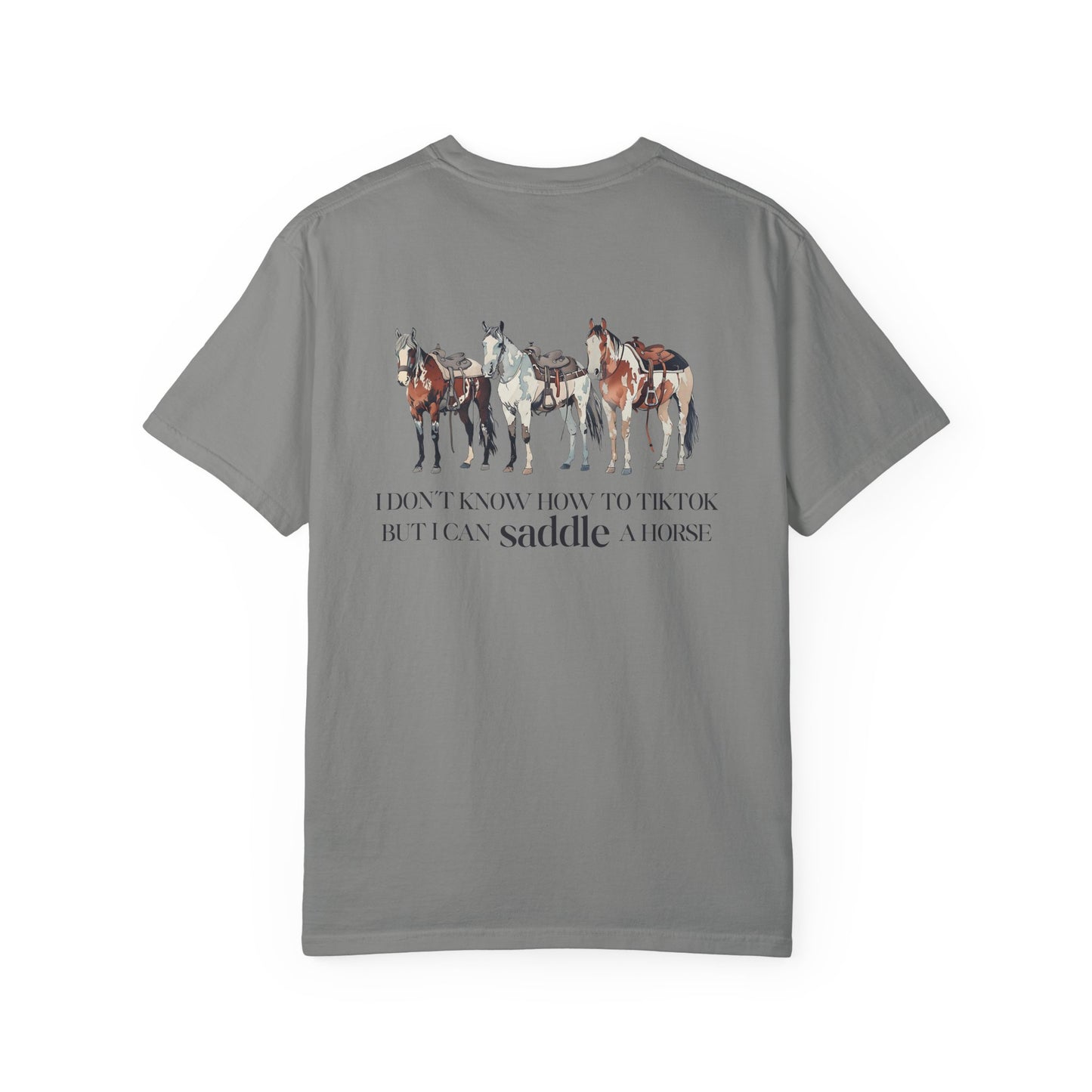 Circle R Arena “I Don’t Know How to TikTok But I Can Saddle a Horse” Graphic Tee – Western Rider T-Shirt with Logo Pocket Design