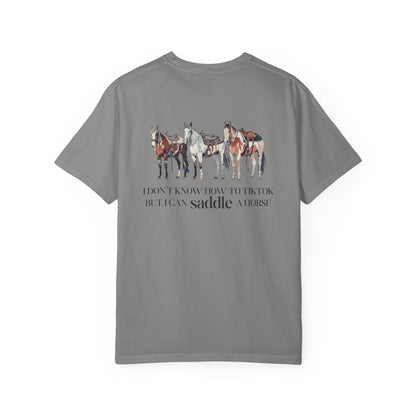 Circle R Arena “I Don’t Know How to TikTok But I Can Saddle a Horse” Graphic Tee – Western Rider T-Shirt with Logo Pocket Design