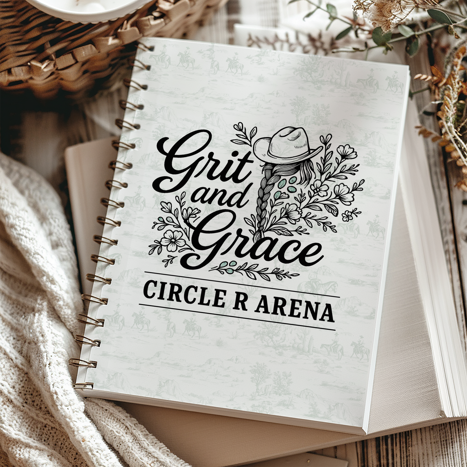 Notebook with 'Grit and Grace Circle R Arena' design on a textured surface.